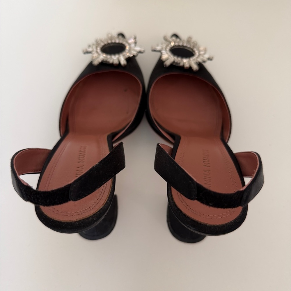 Amina Muaddi Black Crystal Sunburst Slingback Pumps - Picture 4 of 11